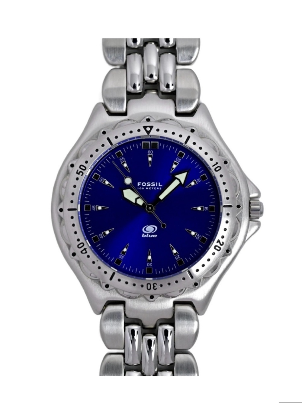 Fossil Blue Women’s Vintage Stainless Steel Divers Watch AM3099 Rotating Bezel